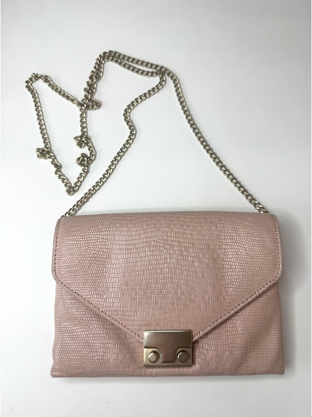 Loeffler Randall Crossbody Bag Pink Gold Chain Lizard Embossed Flap